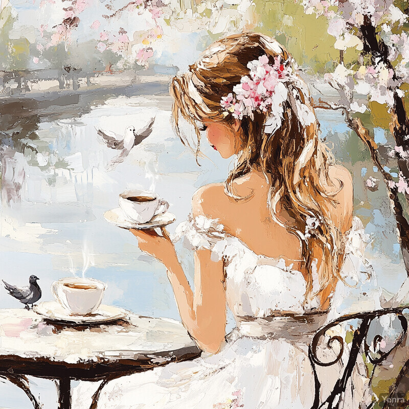 A woman sits at a table with coffee, surrounded by nature's beauty.