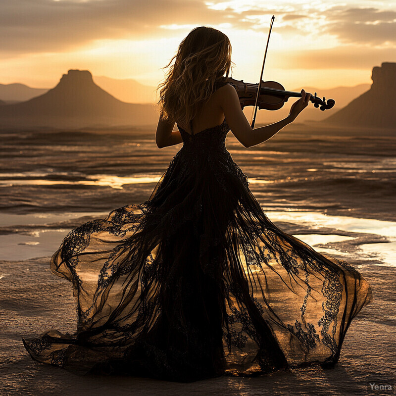 Woman playing violin on beach at sunset