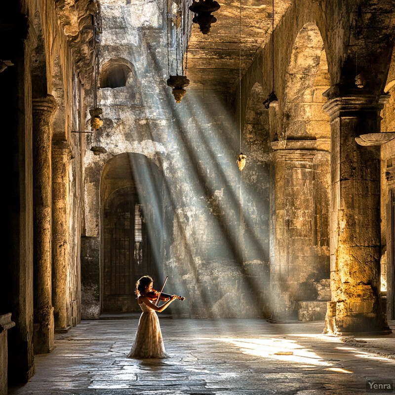 A woman plays violin in an ancient stone building