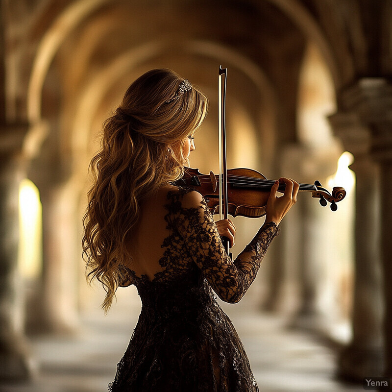 A woman playing the violin in a grand hall with arched ceilings and columns