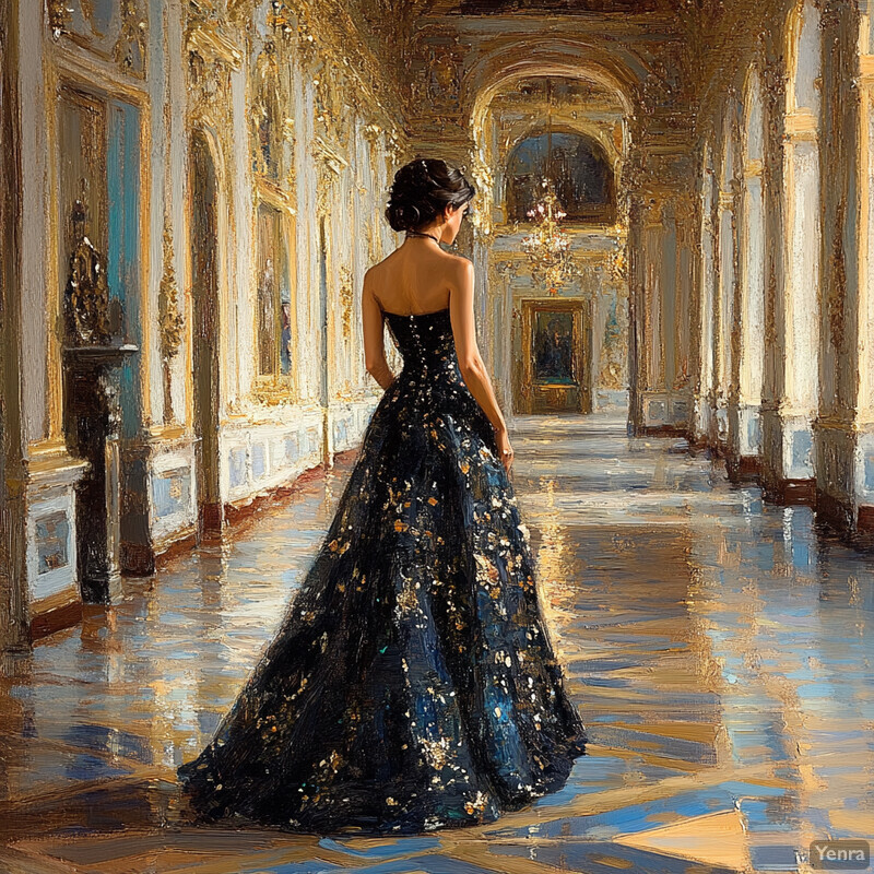 A woman in a black and gold gown stands in an opulent hallway with white walls adorned with gold accents, high ceilings, and chandeliers hanging from them.