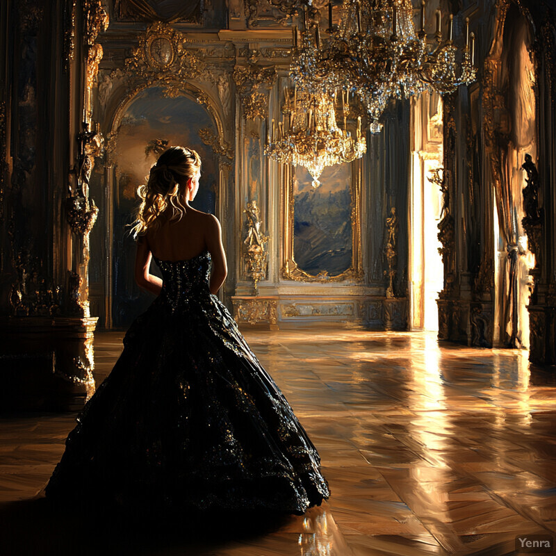 A woman in a black dress stands in a lavish ballroom setting, surrounded by opulent decor and ornate furnishings.