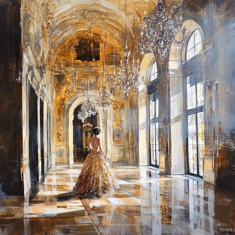 A woman in a gold gown stands in an ornate room with high ceilings and large windows.