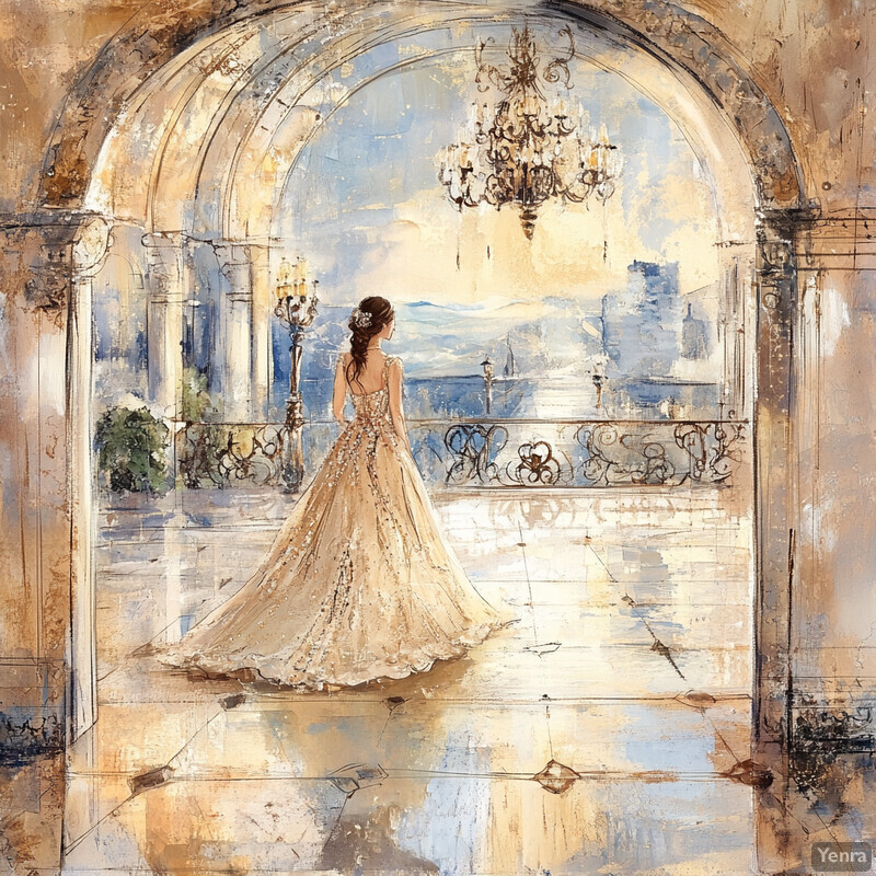 Elegant woman in wedding dress stands majestically inside grand building