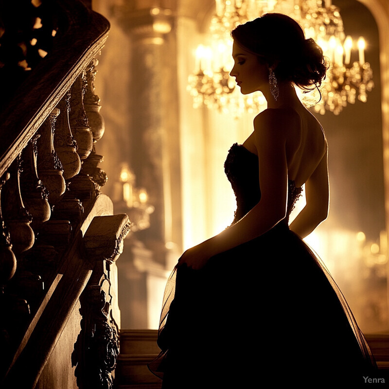 A woman in a black strapless gown poses confidently in front of a dark background.