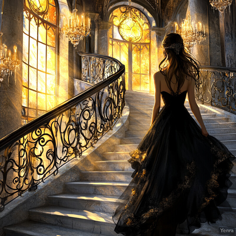 Woman in black dress walking down grand staircase