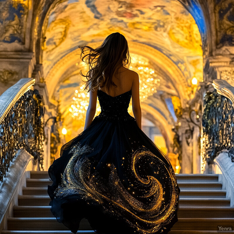 A woman walks down a grand staircase in an opulent setting, exuding elegance and sophistication.