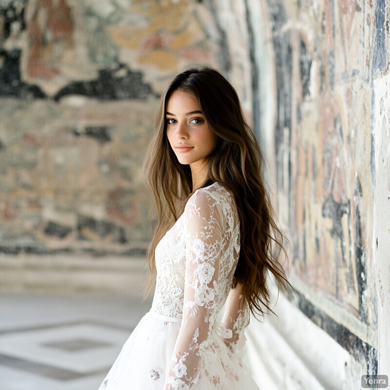 Woman in white wedding dress standing against abstract wall