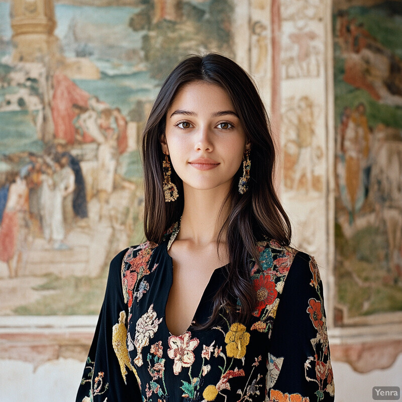 A young woman with long brown hair and olive-toned skin stands in front of an ornate wall mural featuring a mix of vibrant colors and intricate details.