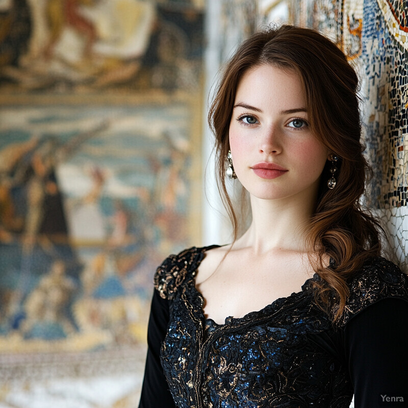 A young woman with long brown hair and pale skin poses in front of a blurred background, likely an art gallery or museum setting.