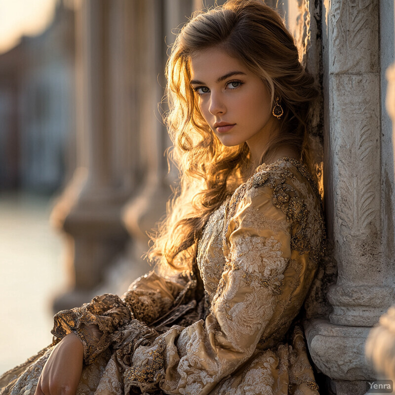 A woman in a gold dress with intricate floral patterns poses in front of a blurred stone column backdrop.