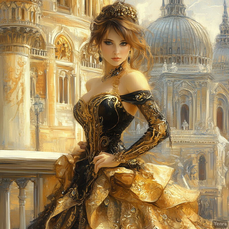 A woman stands in front of a grand building, exuding elegance and sophistication.