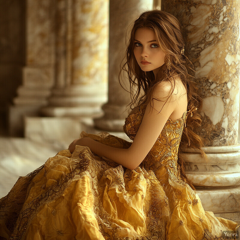 Woman sitting on a marble floor in front of three columns