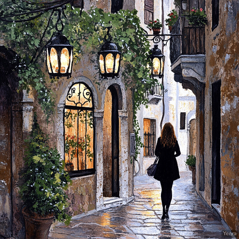 A woman strolls down an old European alleyway, lost in thought.