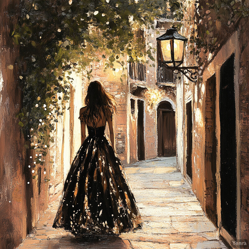 A woman in a long black dress walks down an alleyway