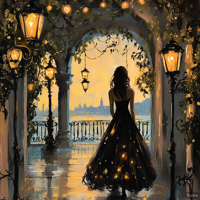 A woman in a long black dress walks down an archway with greenery and lanterns.