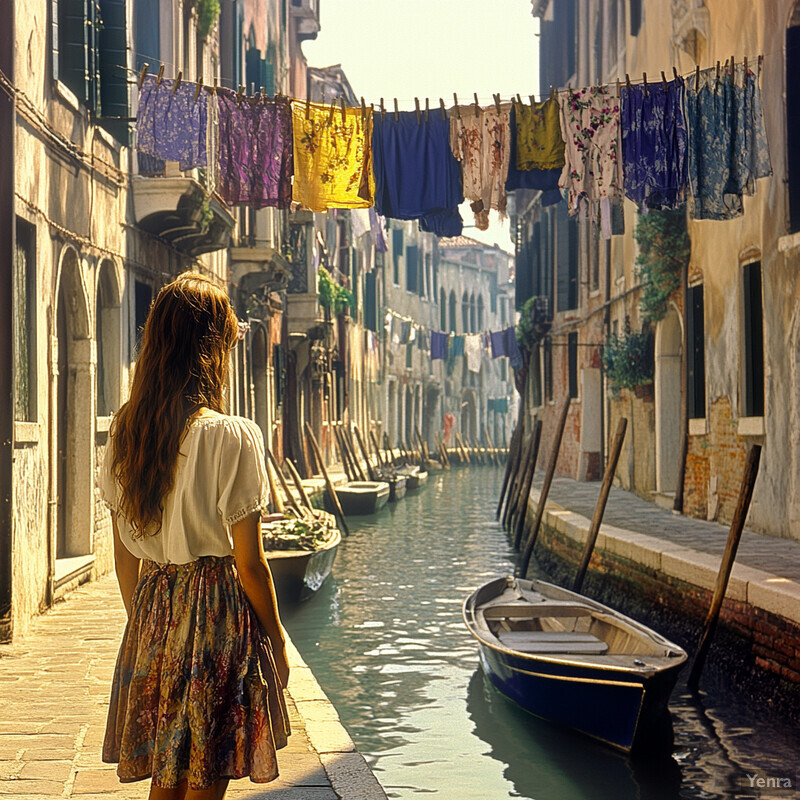 A woman walks along a narrow canal in Venice, Italy.