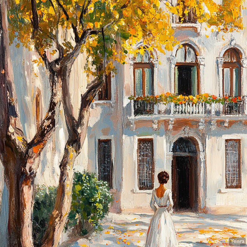 Oil painting of a woman standing outside a large house