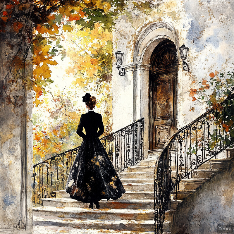 A woman in a long, dark dress descends a staircase towards an ornate doorway, conveying confidence and poise.