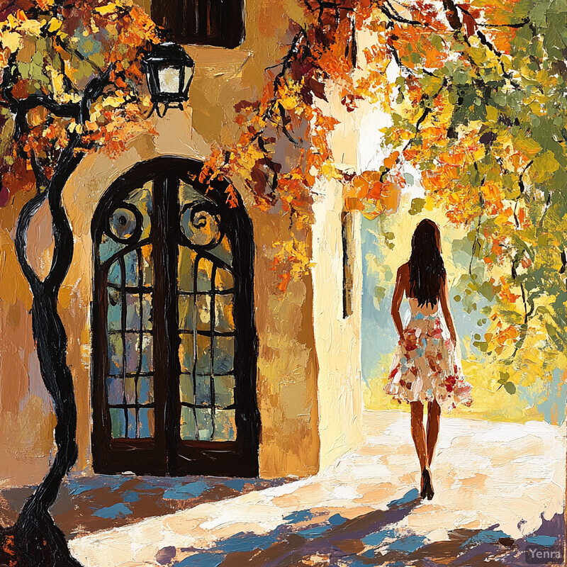 An oil painting of a woman walking on a sidewalk in front of a building