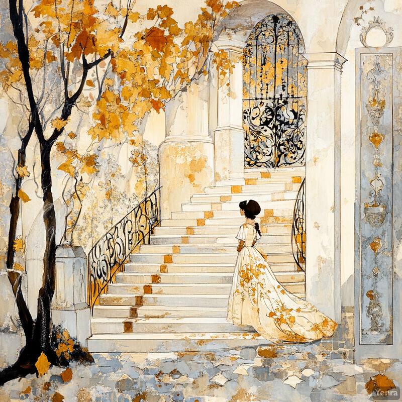 A woman in white stands on a grand staircase, exuding sophistication and poise.