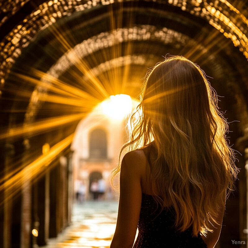 A woman with long hair stands in an arched walkway, gazing out at a distant building through the arch's opening.