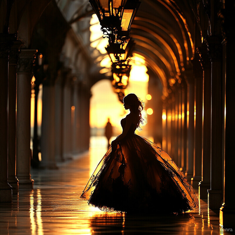 A woman in a ball gown stands in an arched hallway with columns and street lamps, bathed in golden light from the setting sun.