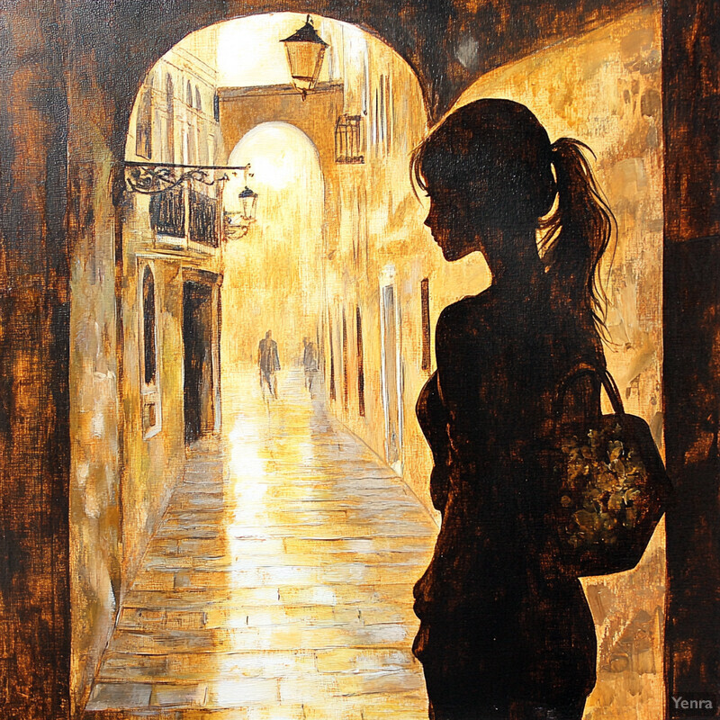 A woman stands in an arched doorway, gazing out onto a narrow street lined with buildings and lanterns.