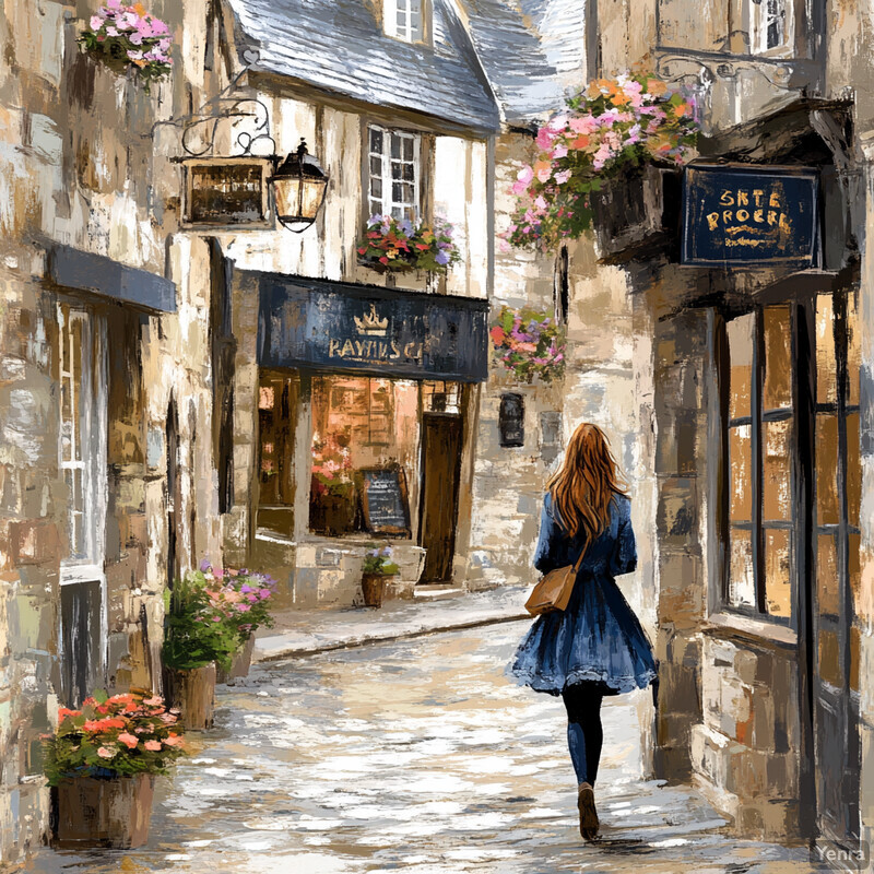 A woman walks down a cobblestone street in an old town or village, surrounded by stone buildings and adorned with flower boxes containing pink flowers.