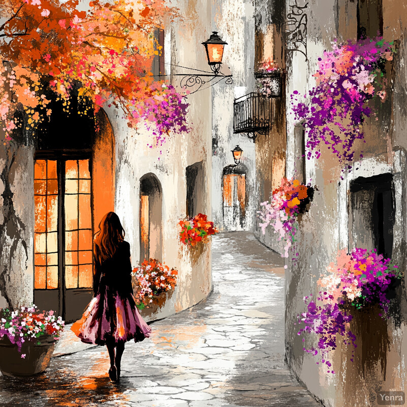 A woman walks down a charming street lined with flowers and ornate buildings.