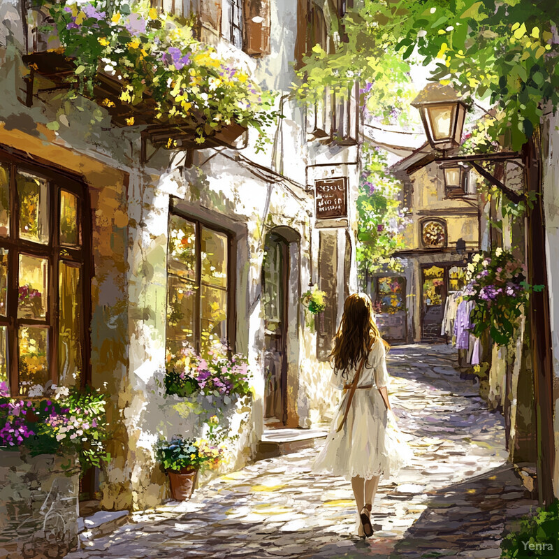 A young woman strolls down a quaint street lined with shops and cafes, surrounded by old-world architecture and dappled sunlight.