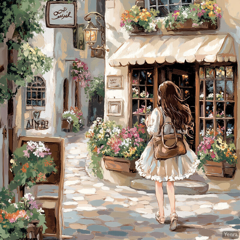 A woman strolls down a charming cobblestone street lined with quaint shops and lush greenery, exuding elegance and sophistication.