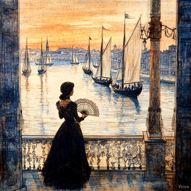 A woman in a long black dress stands on a balcony overlooking a harbor or bay, gazing out at boats and a city skyline.