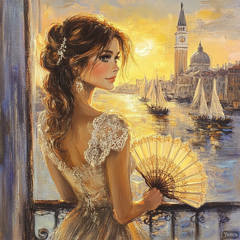 A woman gazes out at a body of water with a cityscape in the background, holding a fan and wearing a lace-adorned dress.