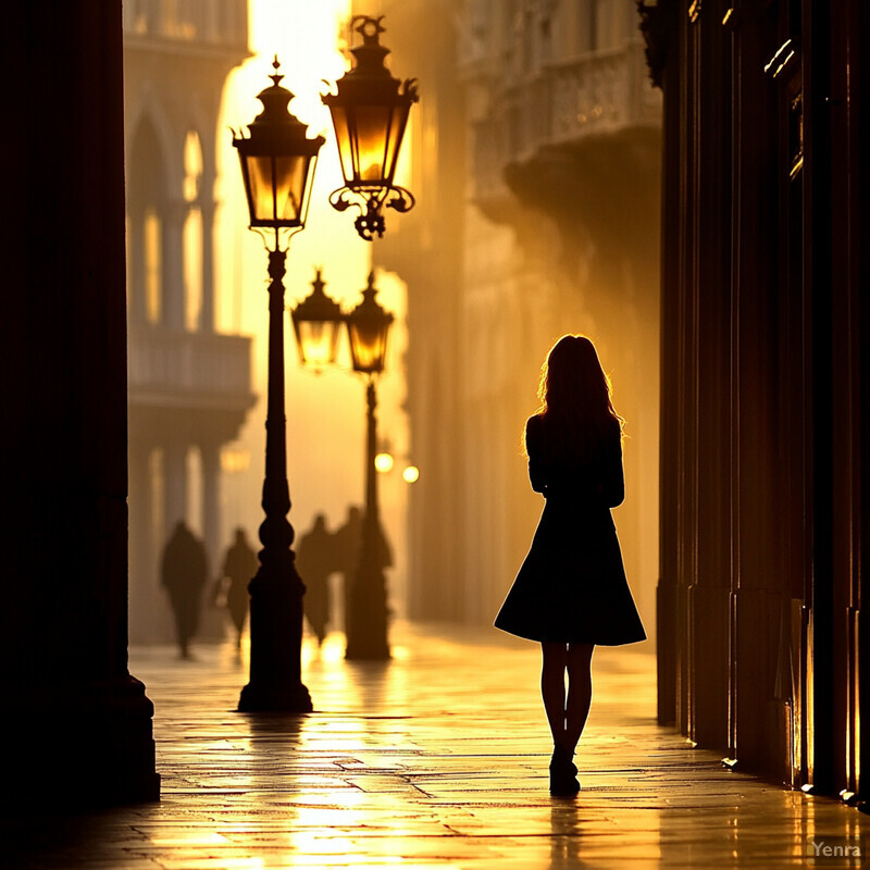 A woman walks down a dimly lit street at dusk or dawn.