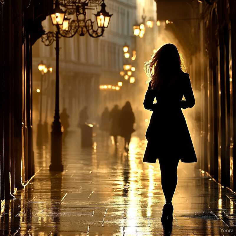 A woman walks down a dimly lit street at night, her figure silhouetted against the dark background.