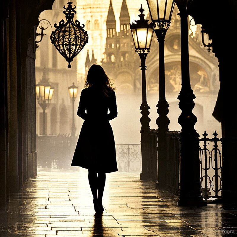 A woman walks down a dimly lit alleyway, surrounded by ornate street lamps and a large building in the background.