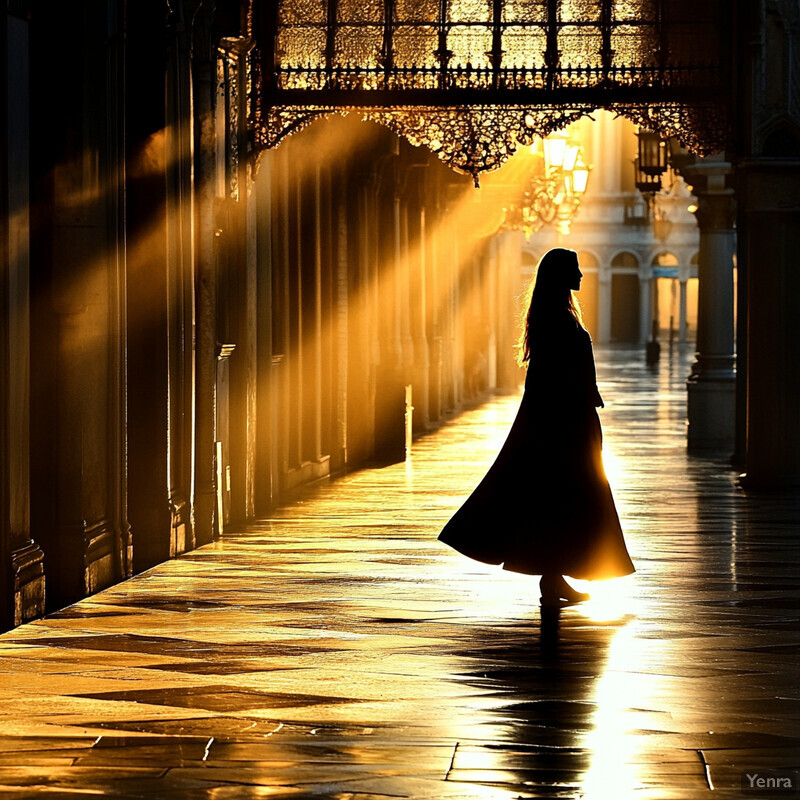 A woman walks down a long hallway in an old building or museum.