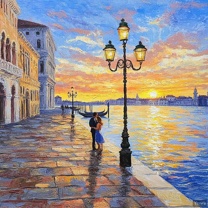 Romantic scene of a couple embracing on a sidewalk at sunset