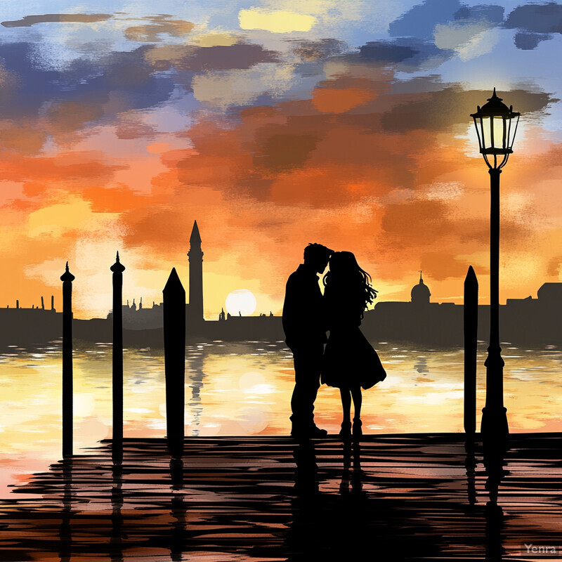 Romantic couple embracing on dock at sunset