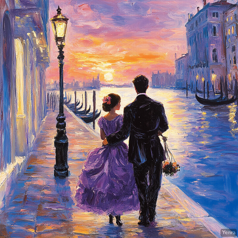 A romantic sunset scene of a couple walking along a Venice canal