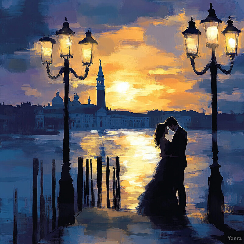 A romantic sunset scene featuring a couple embracing on a dock in front of a city skyline.