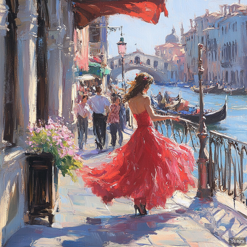 Oil painting of a woman in a red dress walking along a bridge over a canal in Venice, Italy