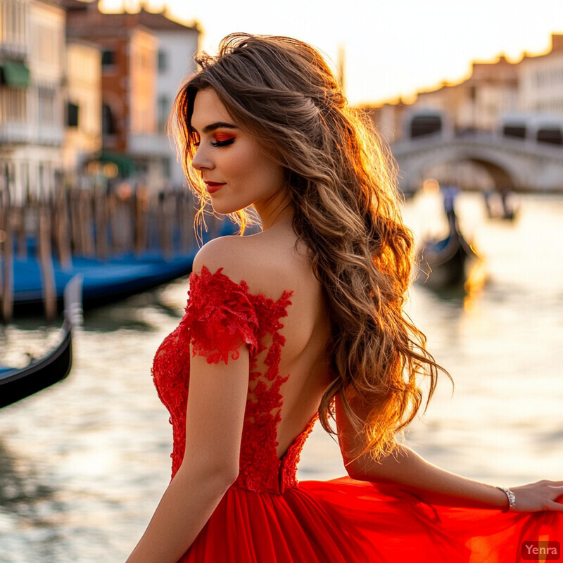 A woman in a red dress stands on a bridge overlooking a body of water.