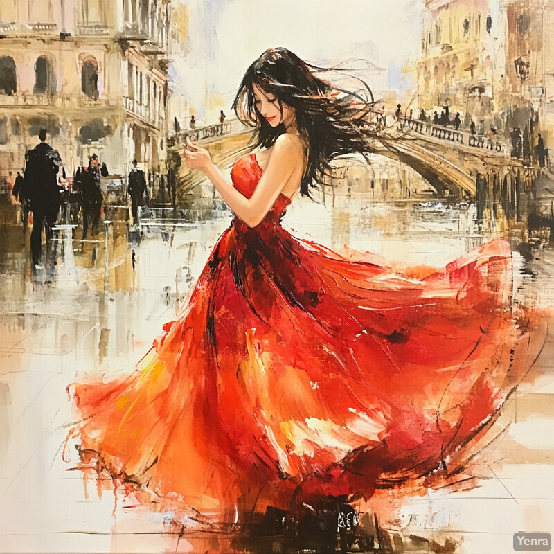 A woman in a red dress dances on a city street, surrounded by people walking by.