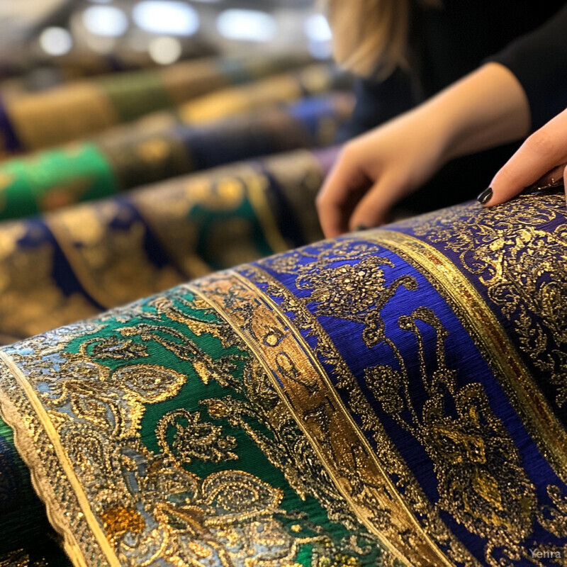 A person's hand touches an intricately patterned blue and gold fabric.