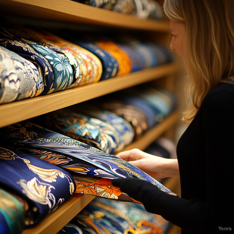 A woman stands in front of a fabric store, surrounded by an array of vibrant fabrics and textiles.