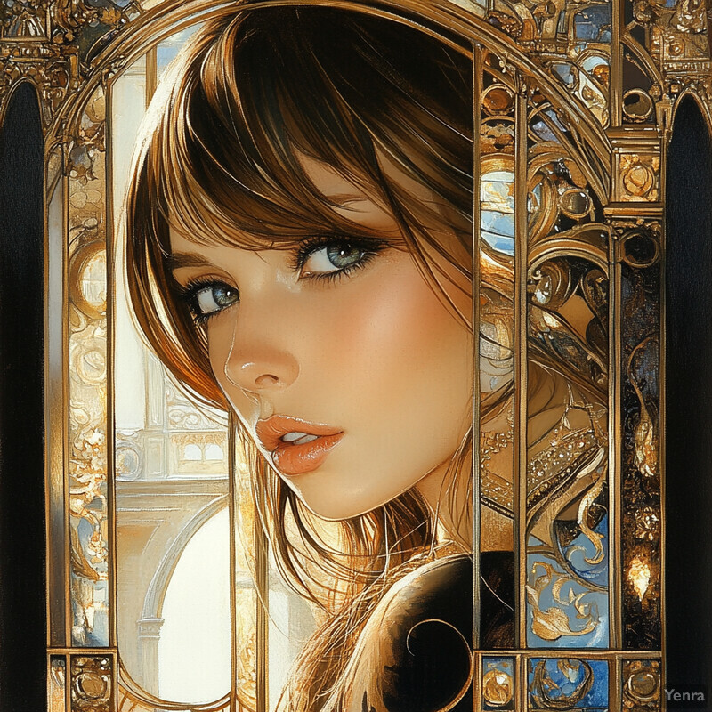 A woman with long brown hair looks out of a window or door frame with gold filigree, set against a bright sunny day outside.