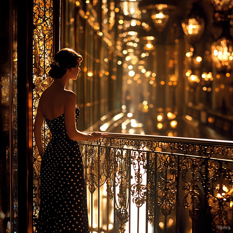 Woman in black dress standing on balcony overlooking ornate hallway