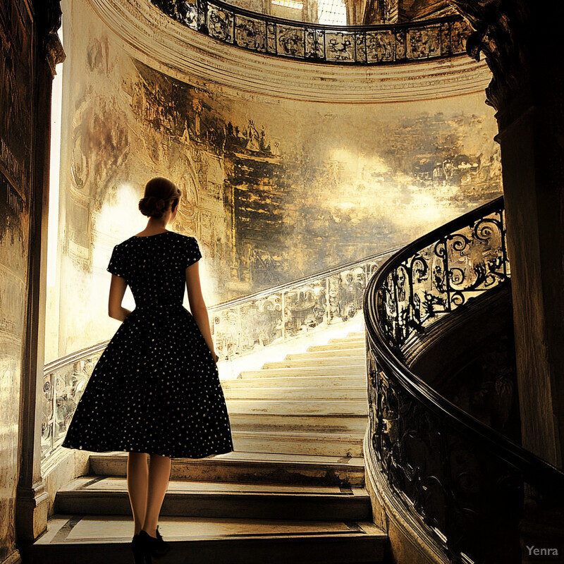 A woman ascends a grand, historic staircase in an elegant black dress.